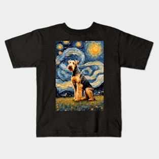 Adorable Airedale Terrier Dog Breed Painting in a Van Gogh Starry Night Art Style Kids T-Shirt